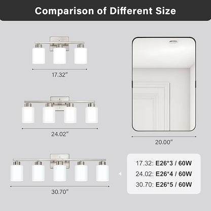 Brushed Nickel Bathroom Light Fixtures, 3-Light Modern Vanity Light Over Mirror, Wall Sconces with Milky White Frosted Glass Shades, E26 Socket (Bulbs Not Included)