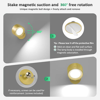 Lightbiz LED Wall Lights 3 Pcs with Remote, Sconces Lamp Rechargeable Battery Operated, 3 Color Temperatures & Dimmable Magnetic 360° Rotation Cordless for Bedroom Bedside