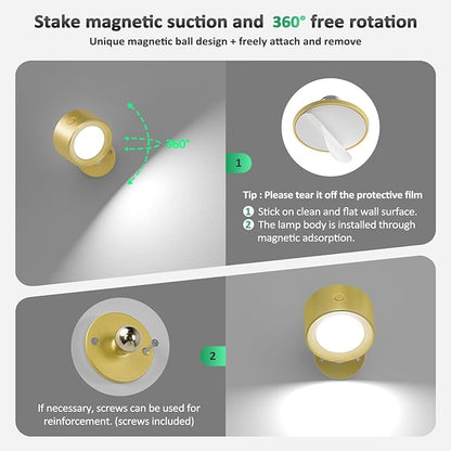 Lightbiz LED Wall Lights 2 Pcs with Remote, Wall Sconces Lamp Rechargeable Battery Operated, 3 Color Temperatures & Dimmable Magnetic 360° Rotation Cordless for Bedroom Bedside