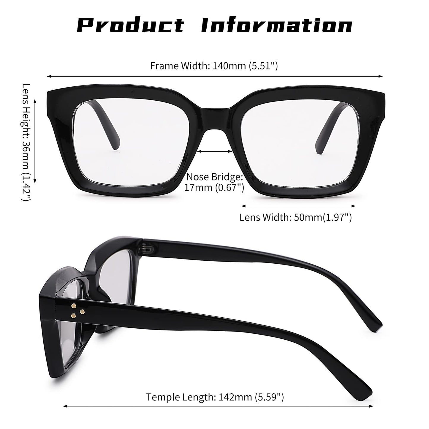 COASION Blue Light Blocking Eyeglasses Classic Thick Square Rim Frame Eyewear for Women Men (Bright Black)