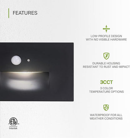 ASD LED Recessed Step Light Fixture, Dusk To Dawn Outdoor Tread Lighting | 3CCT, Motion Sensor, Photocell, Waterproof, ETL Listed | 3W 120LM 3000K-5000K 120V | Staircase Hardwired Illumination | Black