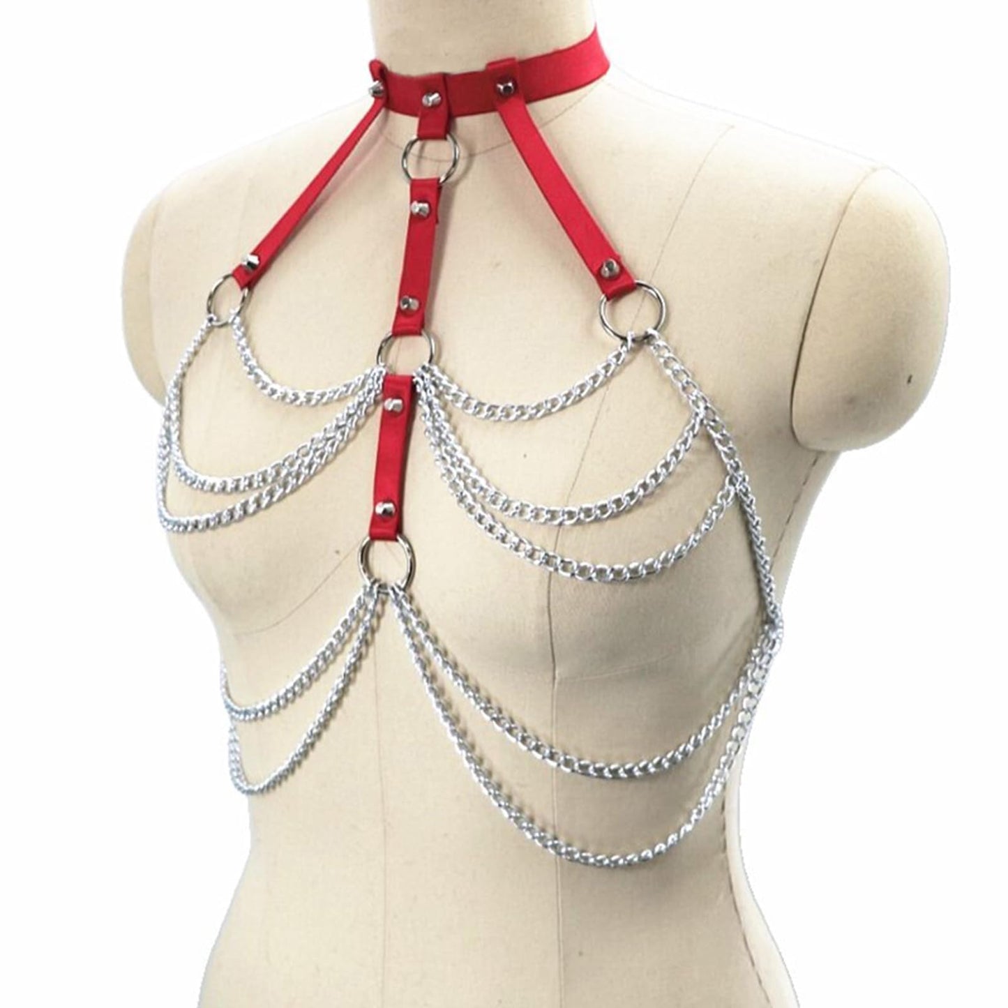 Adjustable Gothic Chest Chain for Women, Punk Faux Leather Body Chain Harness Waist Belt, Alternative Body Waist Chain Belly Bra Body Chain for Women (Red Chest Band)