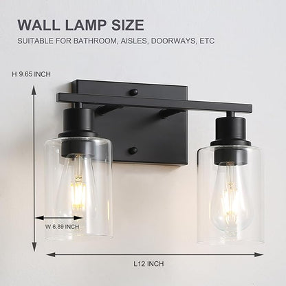 2-Lights Wall Lighting Matte Black Bathroom Vanity Light Fixtures,Vintage E26 Base Sconces with Clear Glass Shades, Farmhouse Modern Wall Lamp for Hallway,Bedroom,Living Room