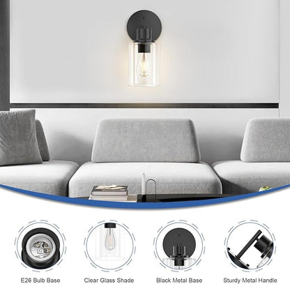 GORDNWE 1-Light Bathroom Wall Sconce, Matte Black Vanity Light, Modern Wall Light Fixture with Clear Glass Shade and E26 Bulb Base, Wall Lamp Wall Mount Light Fixtures for Mirror, Bedroom, Hallway