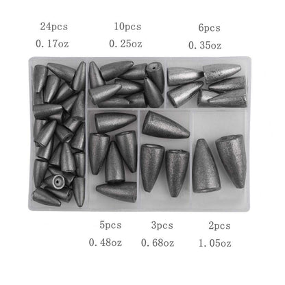 FCFKUK 50Pcs Bullet Lead Fishing Sinkers Weights Kit with Gray Sinkers in 6 Sizes
