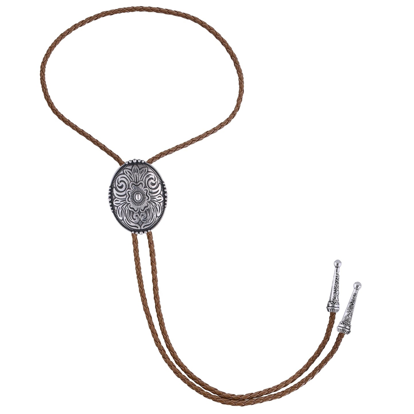 Jeilwiy Bolo Tie for Men Vintage Silver Floral Cowboy Mens Bolo Ties Western Brown Leather Cowboy Tie Adjustable