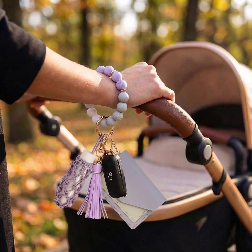 BIHRTC Keychain Bracelet with Leather Card Wallet Hand Made Dream Weaving Lipstick Holder Silicone Bead Key Ring Bracelet Bangle Purse Card Key Holder for Women Wristlet Keychain