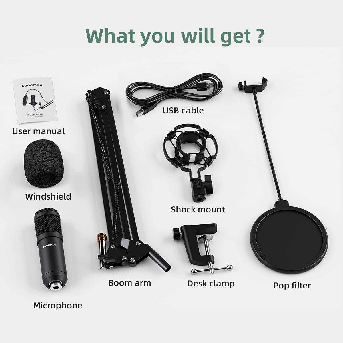 SUDOTACK USB Condenser Podcast Microphone for PC: Studio Microphone Kit with 192KHz/24bit Professional Sound Chipset Cardioid for Recording, Streaming, Gaming, Voice-Over, YouTube, Twitch (ST-800)