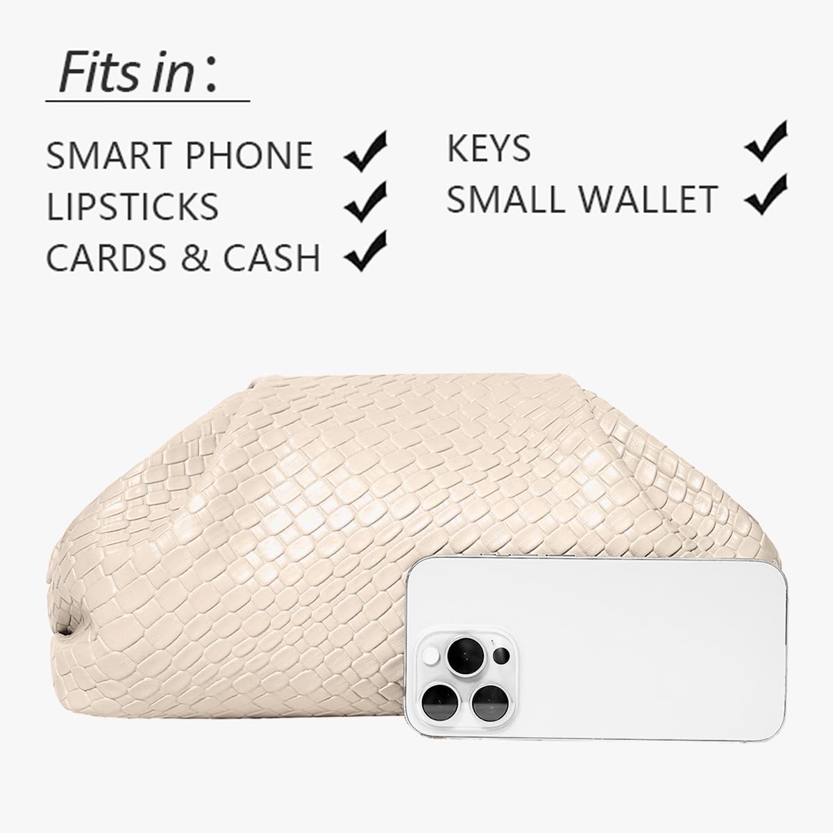 MXCMXC Women’s Woven Evening Bag Clutch Purse, Elegant Dumpling Handbag PU Leather Ruched Bag for Party Cocktail Wedding (Beige)