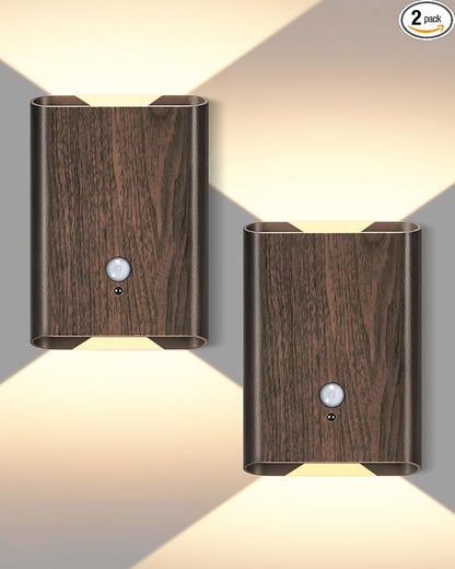 Motion Sensor Wall Lights Wood - Decor Light Battery Operated LED Light Indoor Set of 2 Rechargeable Light Easy Installation, Gifts for Tenant New Home Apartment RV(Wood 2pcs)
