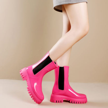 Hsttgsr Rain Boots for Women, Waterproof PVC Rubber Garden Boots Womens Chelsea Boots Short Platfrom Rain Boots, Anti-Slip Elastic Slip On Rainboots Garden Rain Shoes for Yard Farm Outdoor Work
