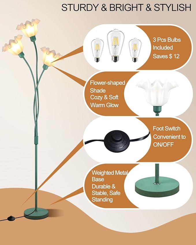 Lightdot Vintage Flower Floor Lamp for Living Room Modern Standing Lamp with DIY Flexible Branch Pole Spring Green Cute Corner Floor Lamps for Kids/Girls' Bedroom