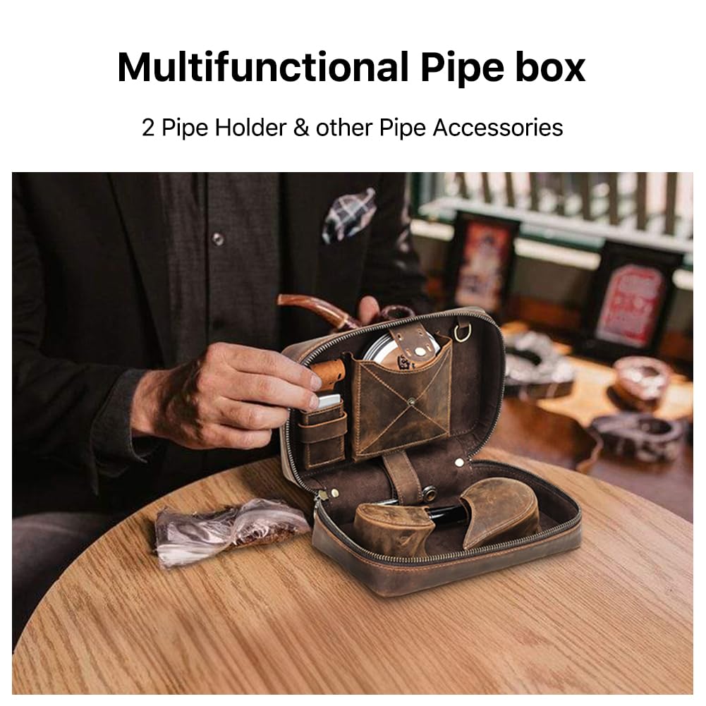 Hiram Leather Pipe Storage Bag Travel Smoking Accessories Organizer Case with Detachable Dual Pipe Holder Cigarette Case Pouch Lighters Pocket & Leather Handle Strap Portable Smoker Supply Carry Bag