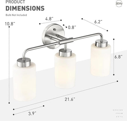 zeyu 21.6 Inch Bathroom Lights Fixtures Over Mirror, Modern Bathroom Wall Light with Milky White Glass Shade, Brushed Nickel Finish, ZS62B-3W BN