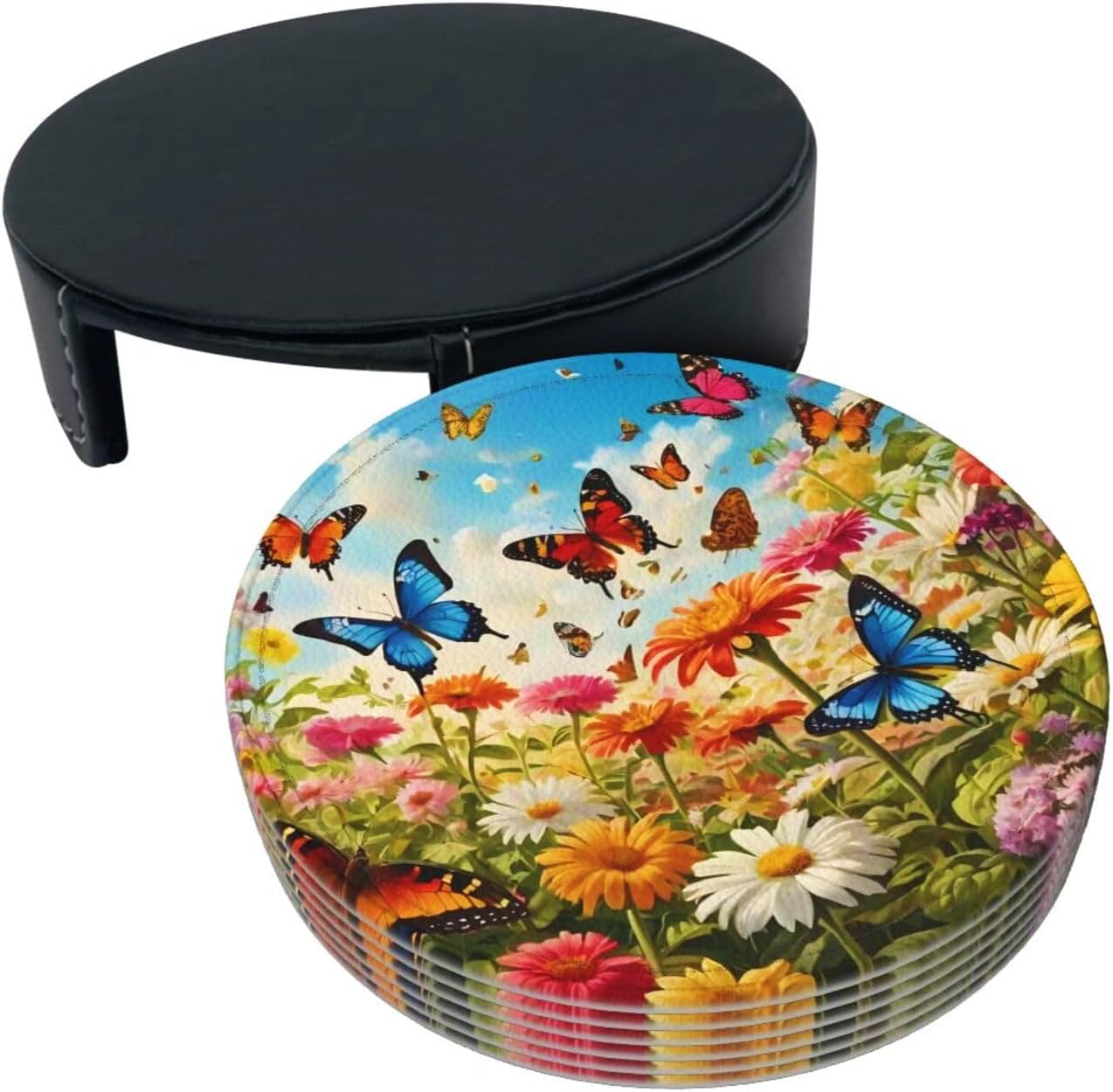 BOXIMIAO Drink Coasters with Holder Stand Set of 6, Bright Flower Butterfly Pu Leather Absorbent Coasters with Cork Base Table Coaster Round Coasters for Housewarming Apartment Kitchen Bar Decor