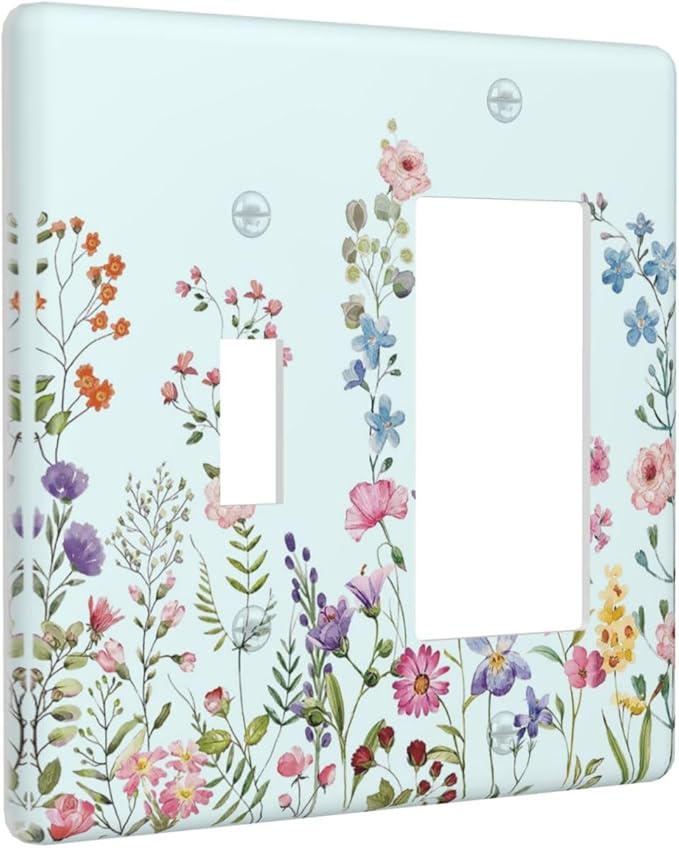 Rustic Wild Floral Vintage Blue Watercolor Flower 2 Gang Single Toggle Rocker Combination Light Switch Cover Unique Decorative Wall Plate Cover Electrical Faceplate Switchplate for Bedroom