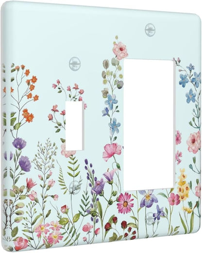 Rustic Wild Floral Vintage Blue Watercolor Flower 2 Gang Single Toggle Rocker Combination Light Switch Cover Unique Decorative Wall Plate Cover Electrical Faceplate Switchplate for Bedroom