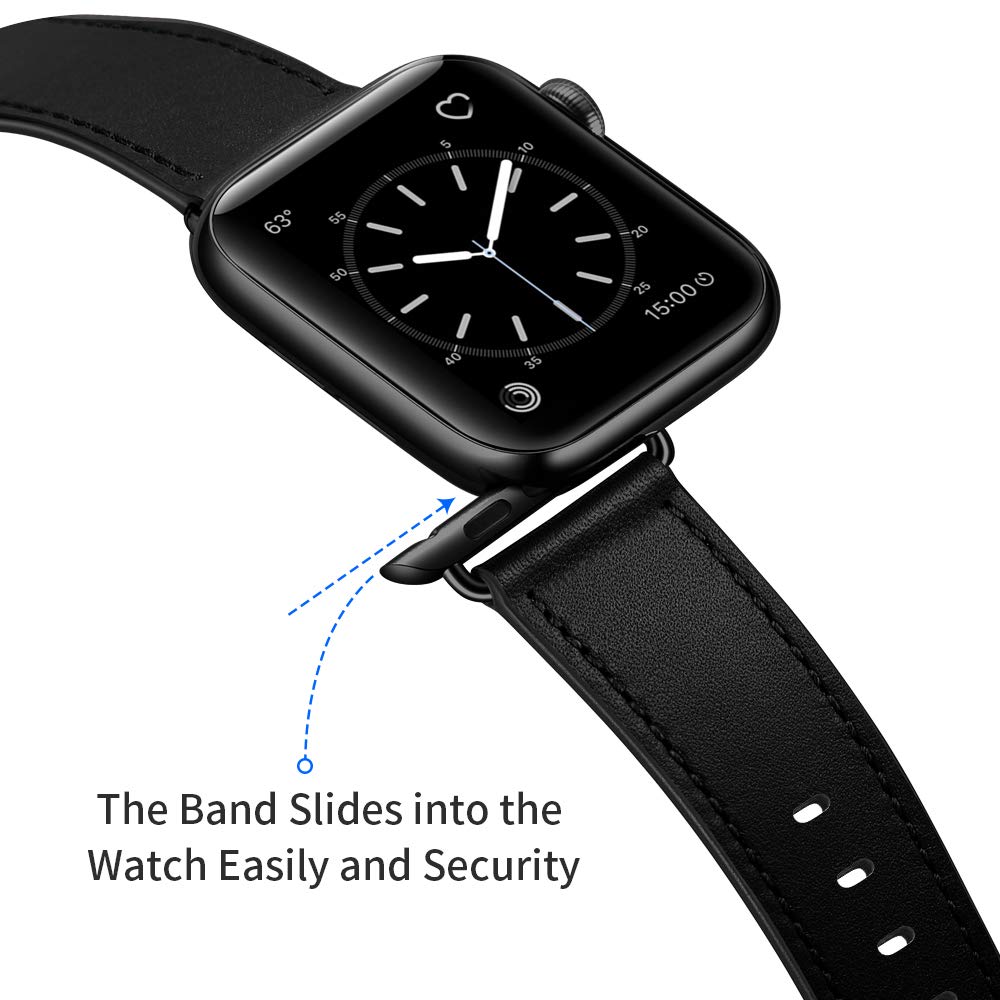 OUHENG Leather Bands Compatible with Apple Watch Band 42mm 41mm 40mm 38mm, Genuine Leather Strap Compatible with Apple Watch Series 11/10/9/8/7/6/5/4/3/2/1 & SE3 SE2 SE, Black/Black