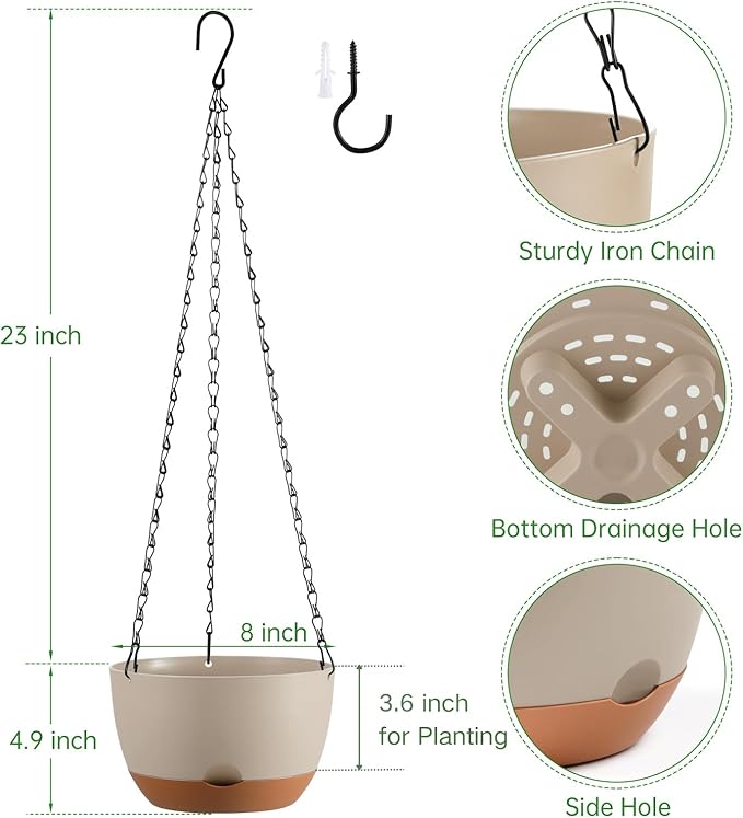 Set of 2 8 Inch Self Watering Hanging Planters for Indoor Outdoor Plants, Color Blocking Hanging Baskets Flower Pots with Drainage Hole & Removable Water-Storage Tray and 20" Chain Hanger