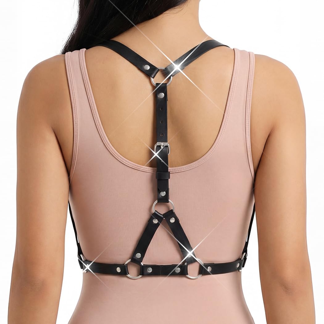 BODIY Black Leather Harness Belt Fashion Plus Size Body Harness Adjustable Chest Belt for Women (Single-layer black)
