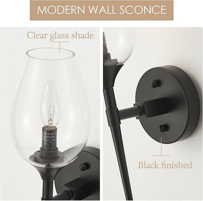 Modern Black Wall Sconces Set of 2, Glass Wall Sconces for Bedroom, Industrial Sconce Wall Lighting for Entryway Bathroom Living Room Stairway