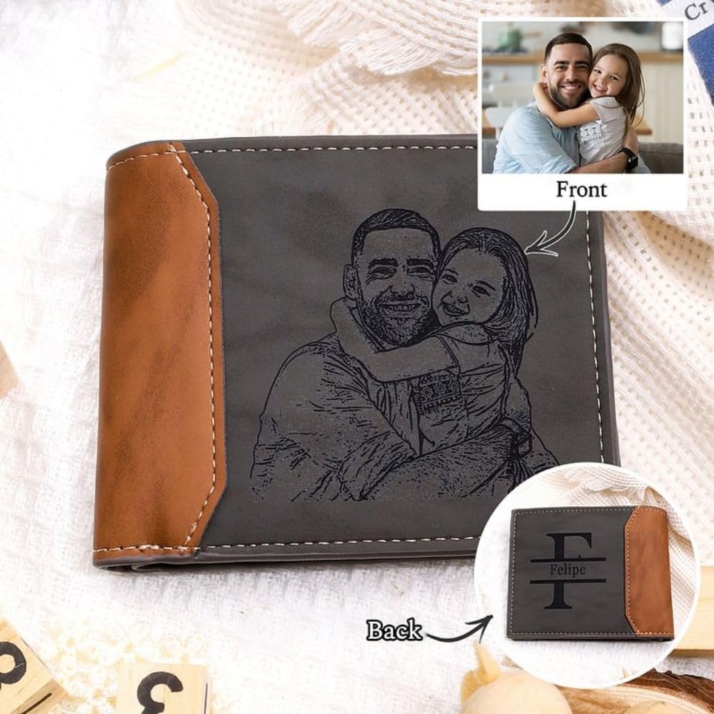 Amsgedhie Customized Wallet for Men Personalized Wallets for Men with Photo Name Bi-fold Leather Mens Wallet for Dad Boyfriend Grandpa Husband Birthday Christmas Valentines Gifts