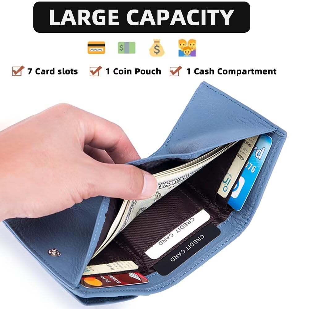 Mudono Small Wallet for Women Genuine Leather RFID Blocking Card Holder Minimalist Tri-fold Cash Wallet with Snap Coin Pouch