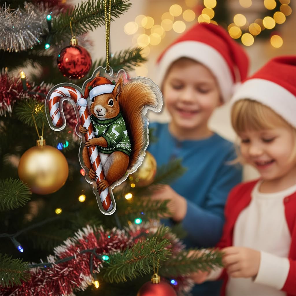 Cute Red Squirrel Hugging Candy Cane 2D Flat Acrylic Ornament - Christmas Tree Decoration, Squirrel Gifts 2025