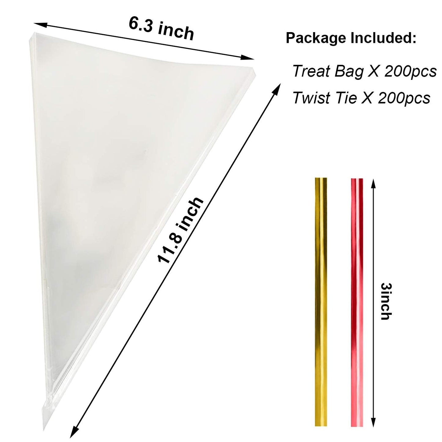 Morepack Cone Cellophane Bags,200 Pieces 6.3"x11.8" Cello Clear Cone Shaped Treat Bags with Twist Ties, Plastic Triangle Bag for Popcorn Favor Candy