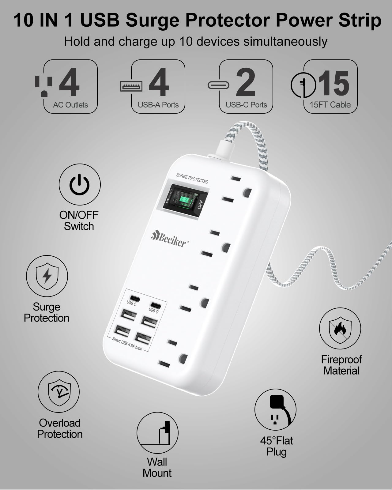 6 USB(2 USB C) Purple Travel Power Strip- 5Ft Lavender Extension Cord with 24W USB Charging Station and 4 Outlets, Purple Desk Accessories with Surge Protector for Cute Kawaii Office Dorm Room