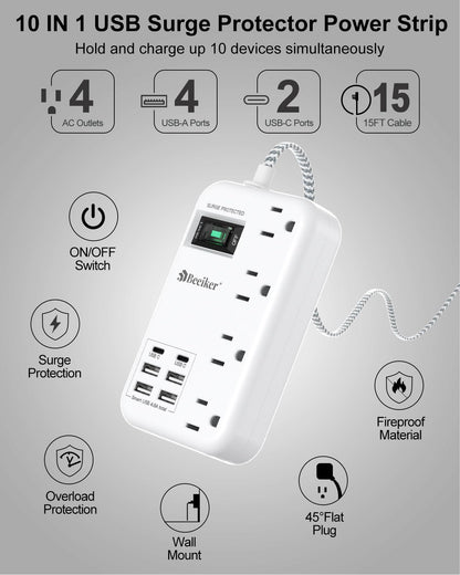 6 USB(2 USB C) Purple Travel Power Strip- 5Ft Lavender Extension Cord with 24W USB Charging Station and 4 Outlets, Purple Desk Accessories with Surge Protector for Cute Kawaii Office Dorm Room