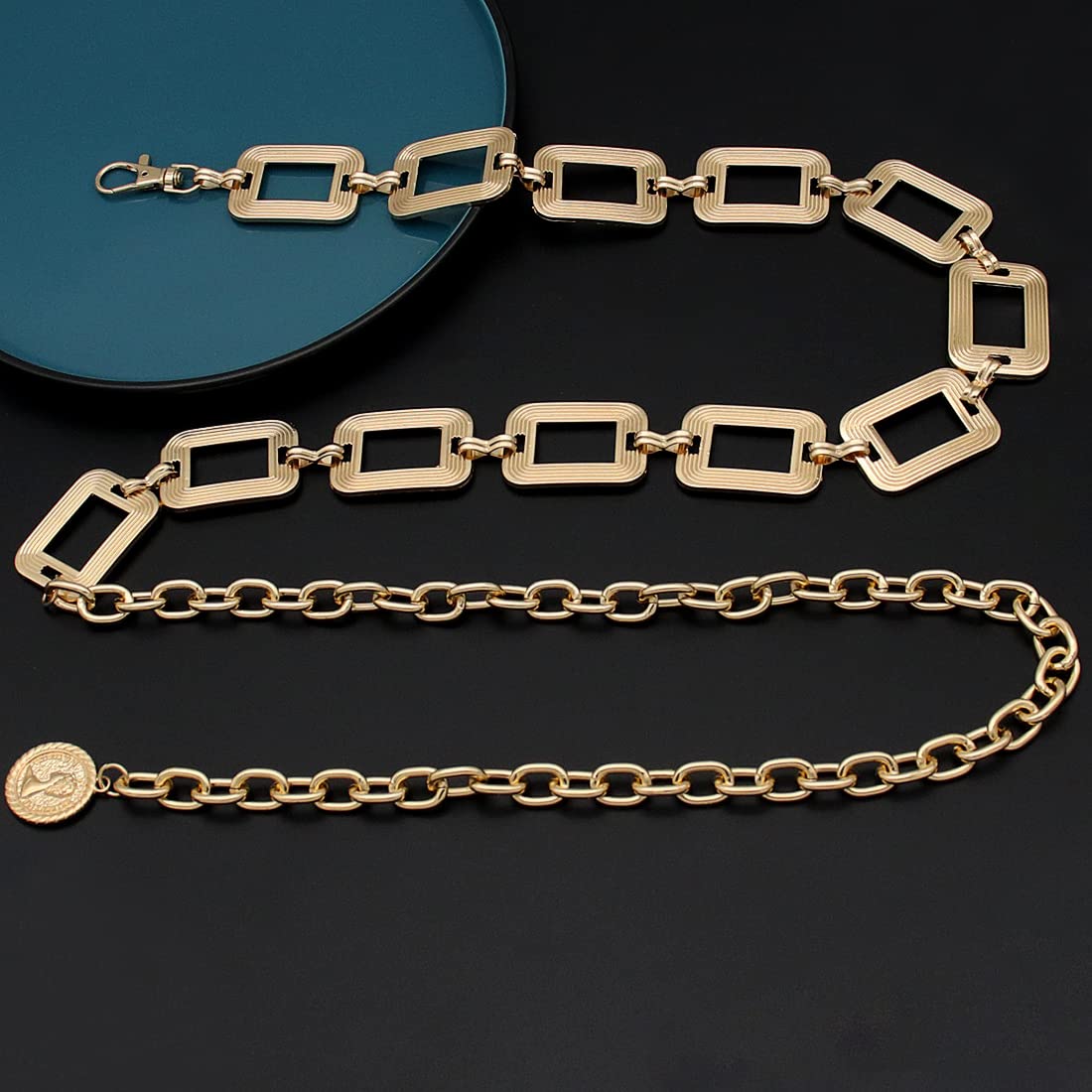 HIQUACC Metal Square Waist Chain for Women Square Body Link Belt for Dresses (219-Gold S)