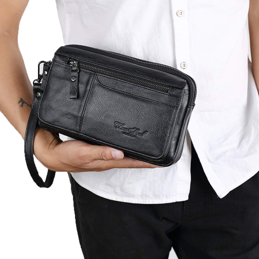 KPYWZER Leather Clutch Purse Wallet Men Wristlet Organizer Holder Wrist Bag Pack Business Handbag Black
