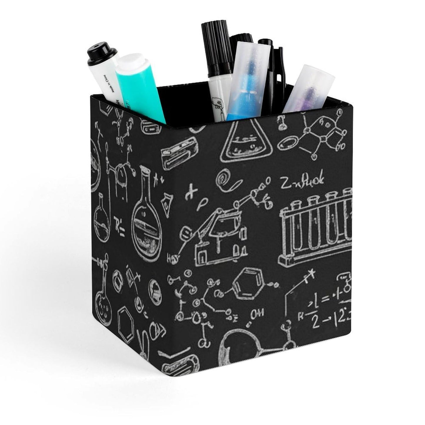 UTRSIFB Pen Holder Square Leather Pencil, Holder Cup Makeup Brush Storage Organizer, Waterproof Multifunctional Office Supplies Chemistry Formula