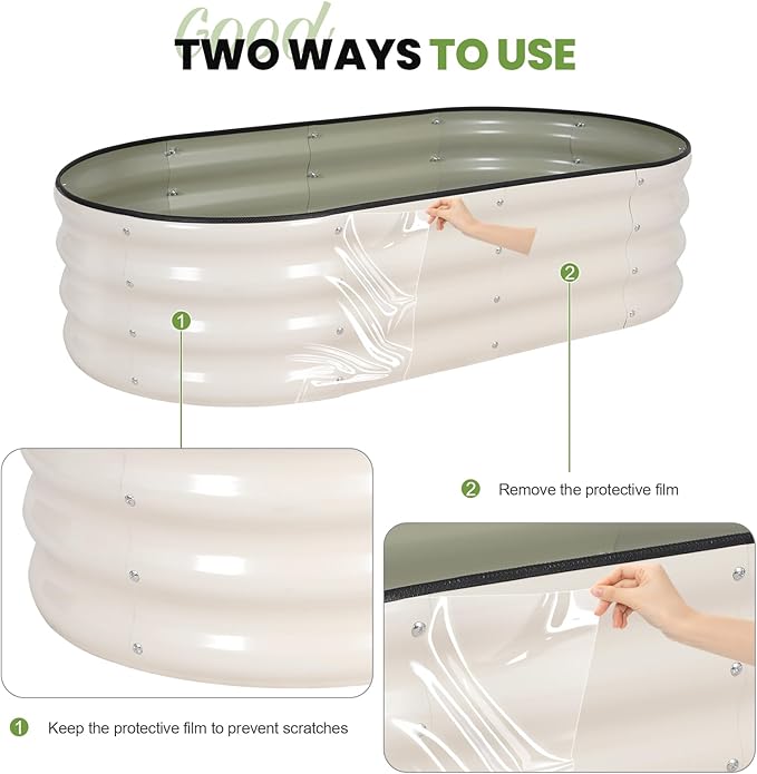 G GOOD GAIN Raised Garden Beds - 4x2x1ft Galvanized Planter Boxes Kit with Protective Tape & Gloves & Tools | Oval Metal Outdoor Raised Bed for Gardening Vegetables, Fruits, Flowers, Herbs, White