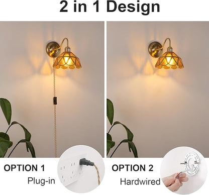 Plug in Wall Sconces Set of 2, Vintage Wall Lamps with Coffee Stone Triangle Checker Glass Shade, Gold Lights Fixture Decor for Bedroom Bathroom Living Room Hallway