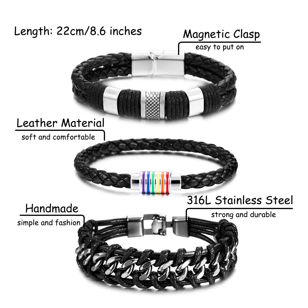 BOMAIL 10Pcs Black Leather Bracelets for Men Women Braided Leather Wristband Cuff Bracelets Punk Leather Bracelets Set