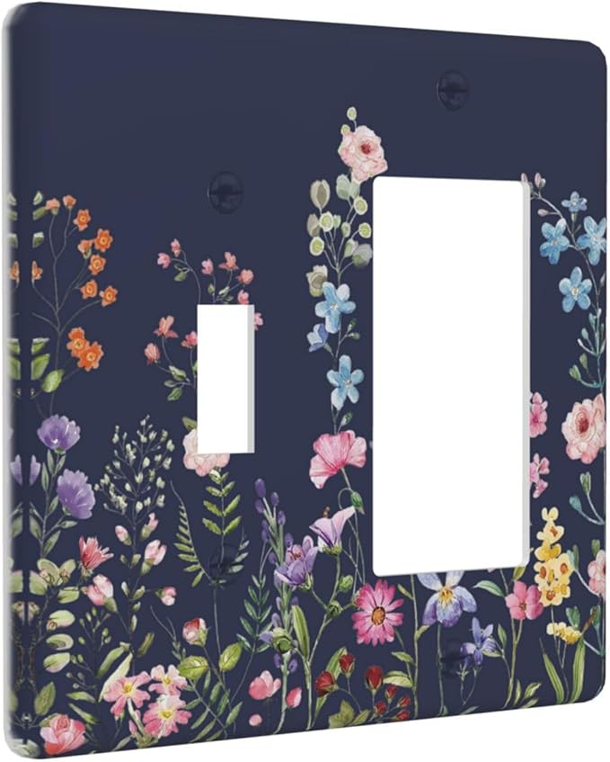 Rustic Wild Floral Darkground Vintage Watercolor Flower 2 Gang Single Toggle Rocker Combination Light Switch Cover Decorative Wall Plate Cover Electrical Faceplate Switchplate for Bedroom