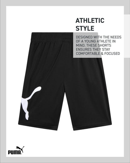 PUMA Boys Athletic Shorts - Quick Dry Breathable Interlock Performance Boys Basketball Shorts with Pockets (Sizes: 4-20), Size 14-16, Puma Black/White