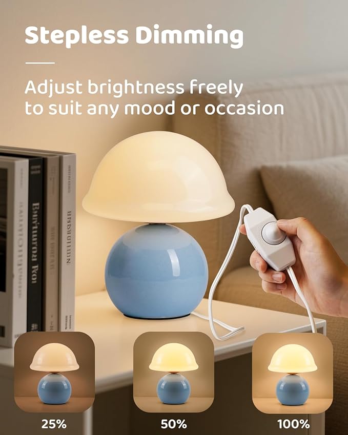 Mushroom Lamp Bedside Table Lamp for Bedroom, Cute Small Lamps with Glass Lampshade, Nightstand Lamp with Dimmer for Living Room Kitchen Apartments Offices Desk Shelves (Blue)