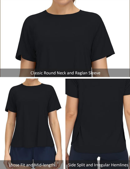 THE GYM PEOPLE Women's Short Sleeve Workout Shirts Breathable Yoga T-Shirts with Side Slits Athletic Tee Tops Black