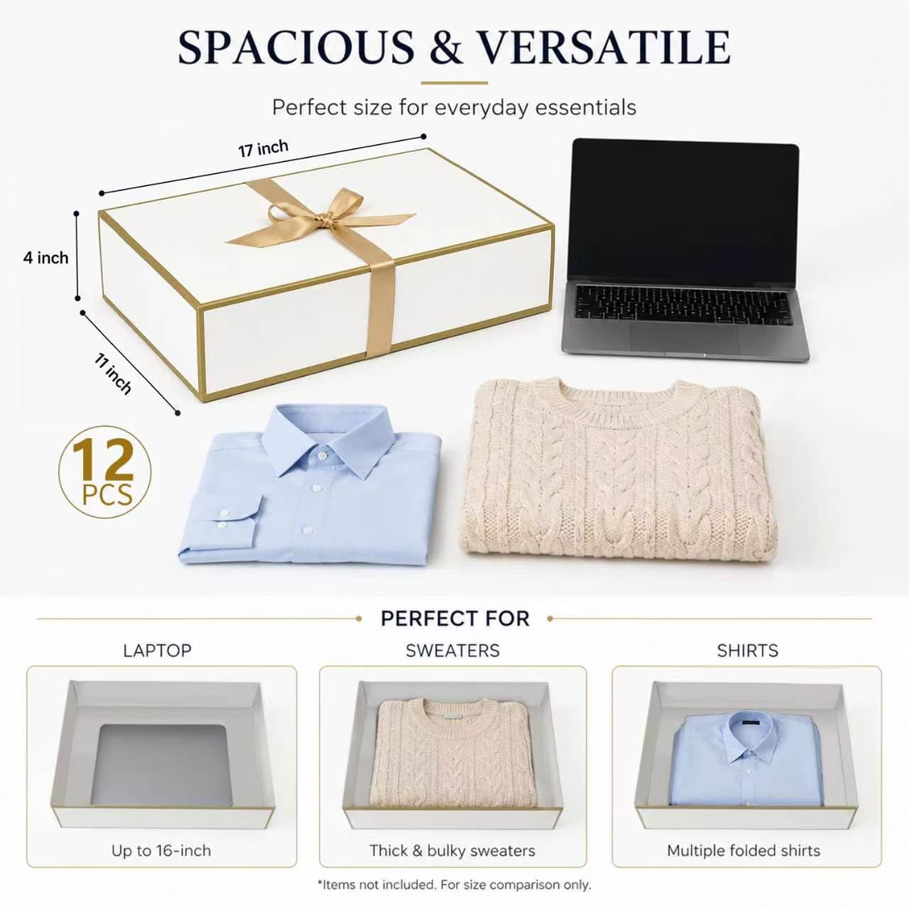 Joyvera 12 Pack Large Shirt Boxes with Lids, 17 x 11 x 4 Inch White Gift Boxes with Gold Ribbon for Clothing, Sweaters, Robes, Bridesmaid, Wedding, Birthday, Christmas
