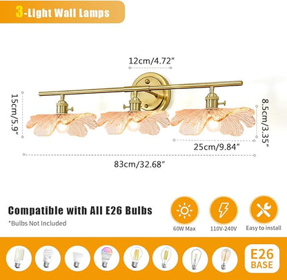 mid Century Bathroom Vanity Lights Over Mirror 3 Light Gold Wall sconce with Amber Glass Shade brass Vanity Lighting Vintage Wall sconces Glass wall lamp Wall Lighting for Bedroom Doorway Hallway