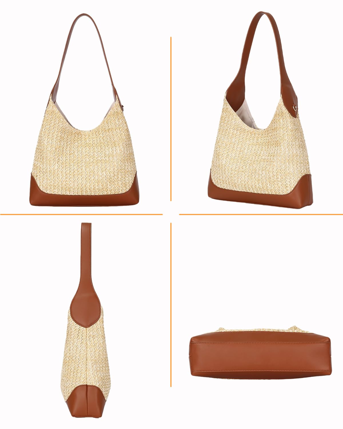 Herald Straw Woven Hobo Shoulder Bag for Women, Slouchy Medium Summer Beach Raffia Shoulder Handbag Tote Purse (Brown)