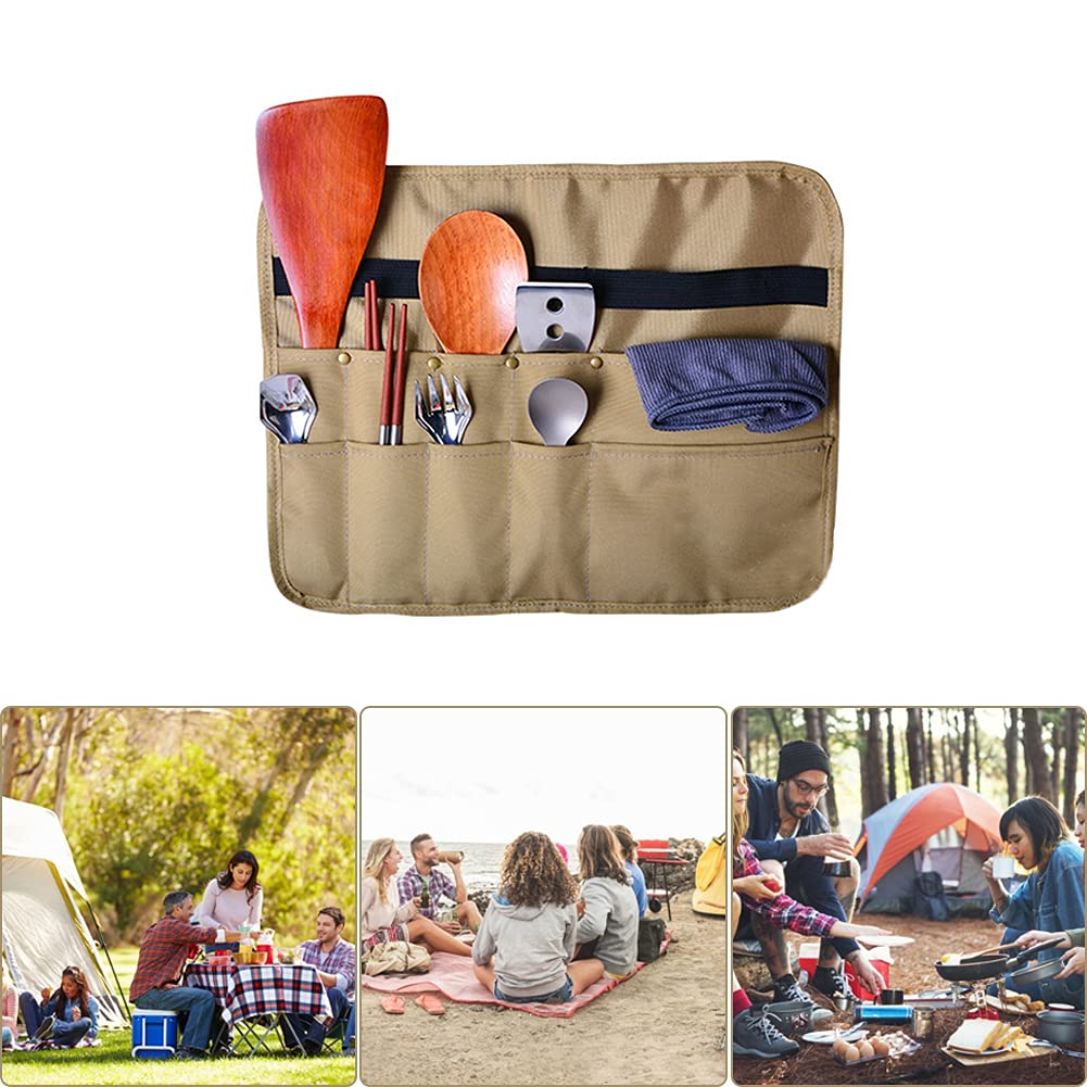 PWPAM Camping Tableware Storage Bag Picnic Cutlery Organizer Cooking Utensils Hanging Bag (Square, Khaki)