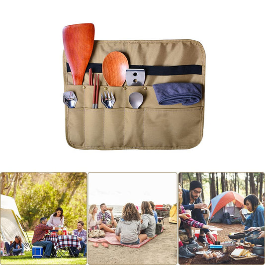 PWPAM Camping Tableware Storage Bag Picnic Cutlery Organizer Cooking Utensils Hanging Bag (Square, Khaki)