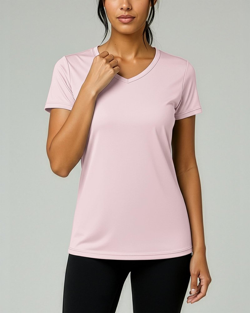 Real Essentials 5 Pack: Women's Dry-Fit Short Sleeve V Neck T Shirt Workout Fitness Yoga Top Tee (Available in Plus Size), Set 7, 1X