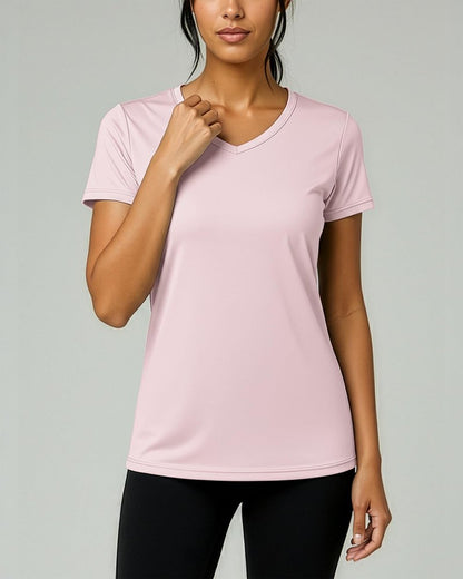 Real Essentials 5 Pack: Women's Dry-Fit Short Sleeve V Neck T Shirt Workout Fitness Yoga Top Tee (Available in Plus Size), Set 7, 1X