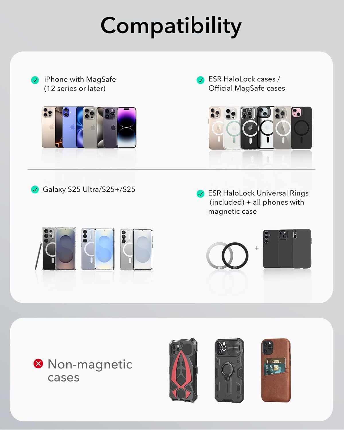 ESR for MagSafe Car Mount, Magnetic Phone Holder for Car Air Vent, Car Phone Holder Mount for iPhone 17/16/16e/15/14/13/12/Samsung, All Smartphones(2 Metal Rings Included),Charging Not Supported