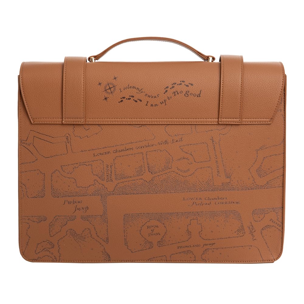 ConQuest Journals Harry Potter Marauder's Map Satchel, Vegan Leather Messenger Tote Bag, 50'' Crossbody Strap & Top Handles, Snap Buckle Closure, 2 Inside Pockets, 11'' x 15'', Officially Licensed